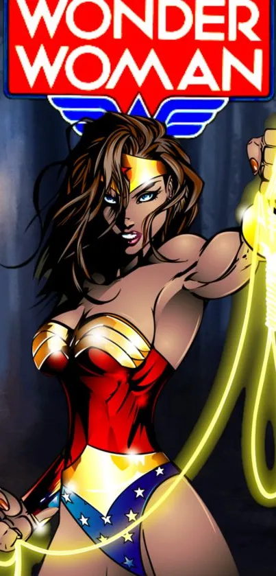 Wonder Woman holding glowing lasso in action pose.