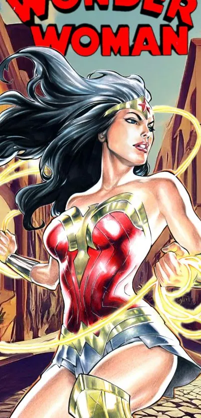 Dynamic Wonder Woman comic art wallpaper with vibrant red and gold elements.