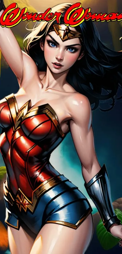 Wonder Woman illustrated in vibrant costume, striking a dynamic pose.