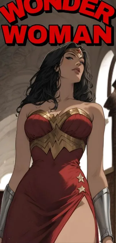 Wonder Woman in a bold, red costume standing heroically.