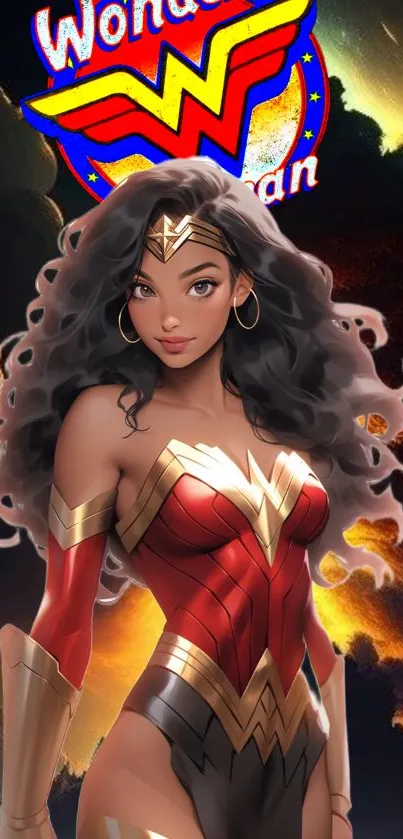 Animated Wonder Woman wallpaper with bold red costume on a fiery background.