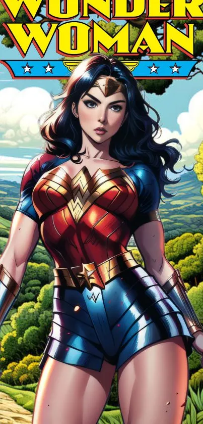 Wonder Woman in vibrant fantasy comic art on mobile wallpaper.