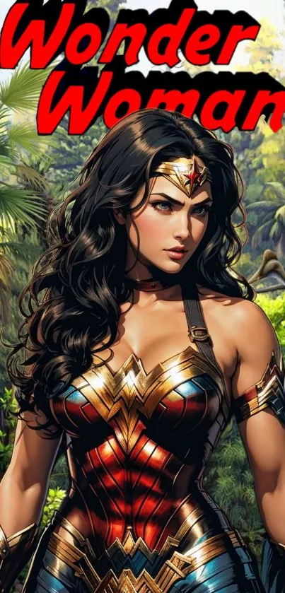 Wonder Woman stands in a vibrant forest.