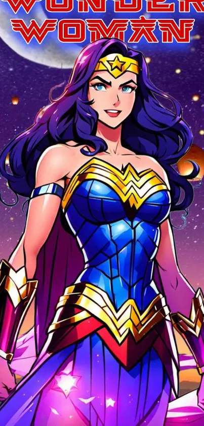 Wonder Woman in a colorful galactic setting with cosmic background.