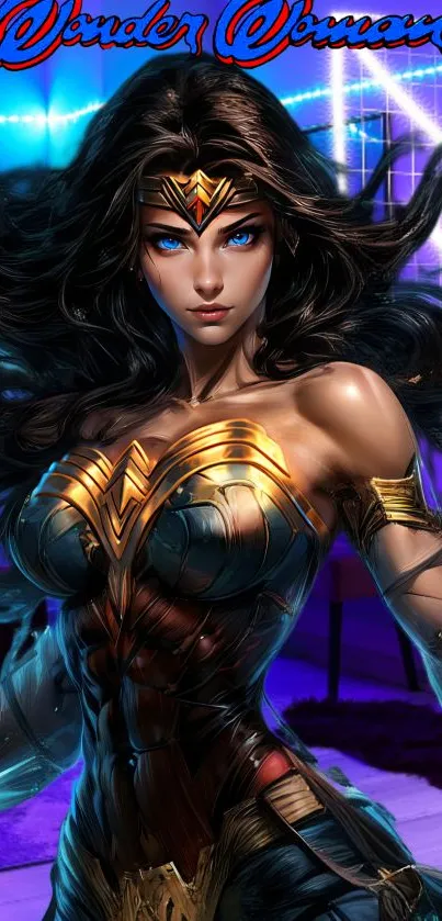 Wonder Woman in vibrant costume with glowing blue background.