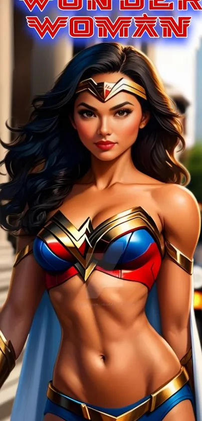 Wonder Woman vibrant illustration for mobile wallpaper.