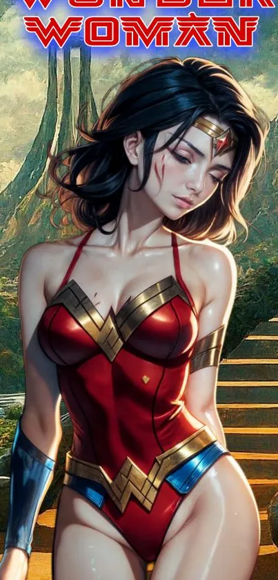 Wonder Woman in red costume, mobile wallpaper with vibrant design.