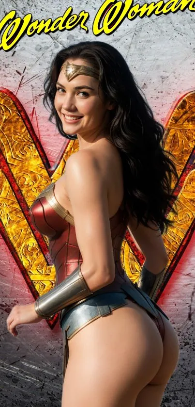 Wonder Woman standing against logo background.