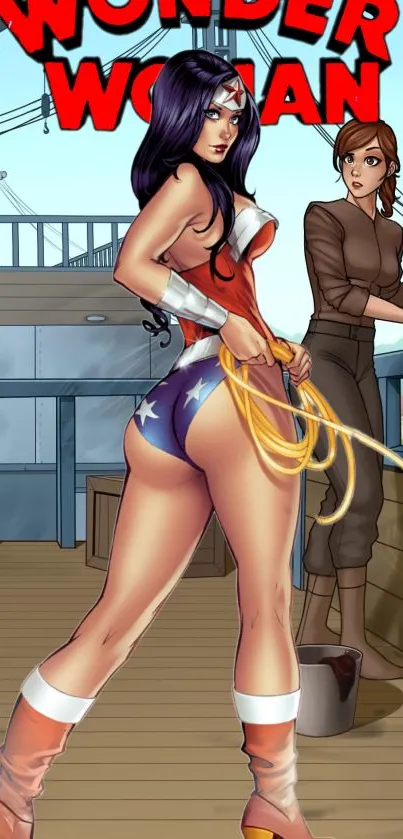 Wonder Woman in dynamic comic art style on a ship deck.