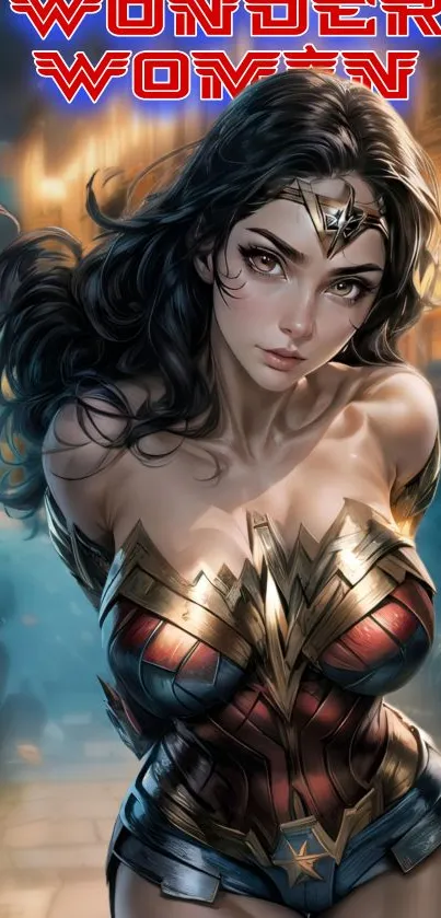 Wonder Woman vibrant mobile wallpaper with colorful superhero design.