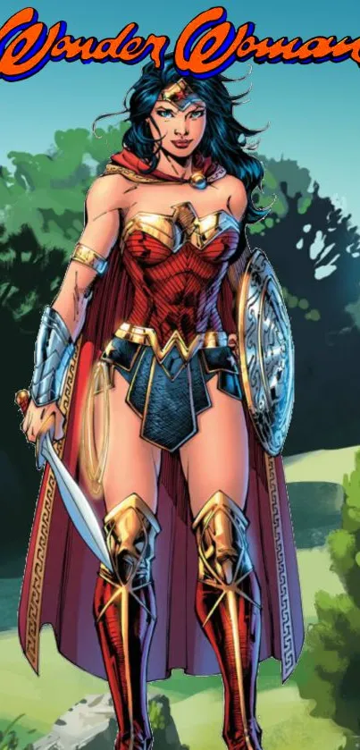 Wonder Woman in vibrant comic style, dressed heroically with shield and sword.