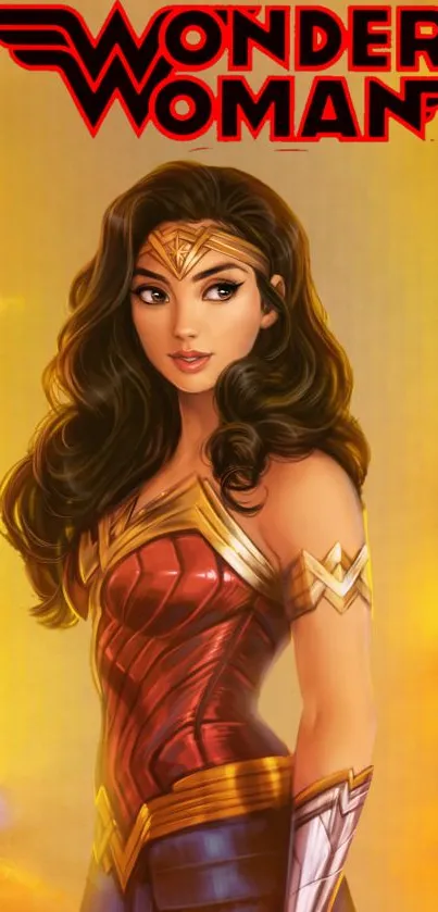 Wonder Woman in a dynamic pose with vibrant golden background.