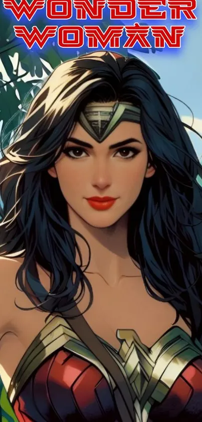 Wonder Woman illustrated art in vibrant colors and heroic pose.