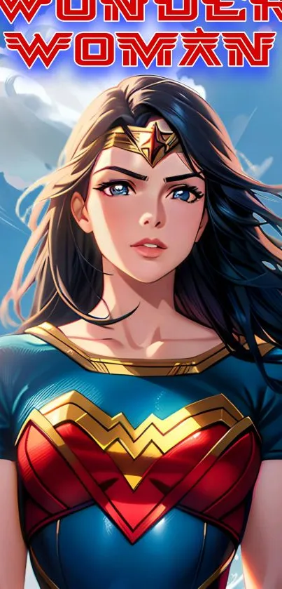 Illustrated Wonder Woman in vibrant comic style, perfect for a mobile wallpaper.