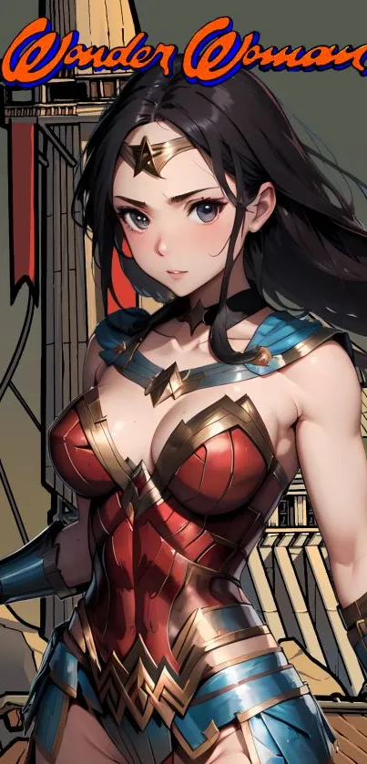 Illustrated Wonder Woman in vibrant costume art.