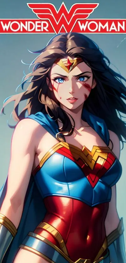 Wonder Woman mobile wallpaper with iconic costume and dynamic pose.