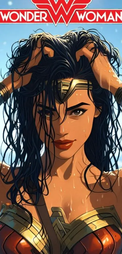 Wonder Woman artwork with vibrant colors and dynamic pose.