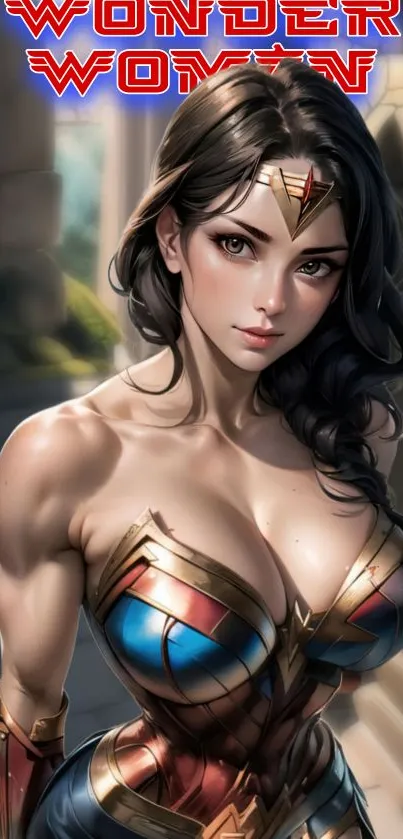 Wonder Woman illustrated in iconic armor for mobile wallpaper.