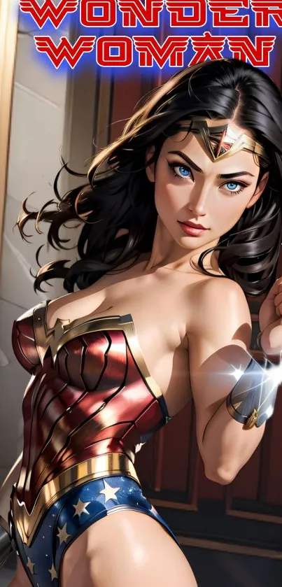 Wonder Woman illustration in classic costume for mobile wallpaper.