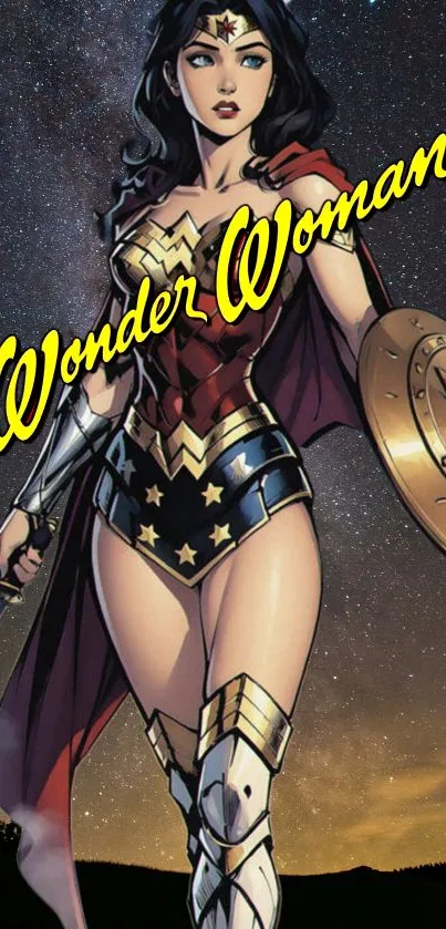 Wonder Woman in comic style with shield under starry sky.