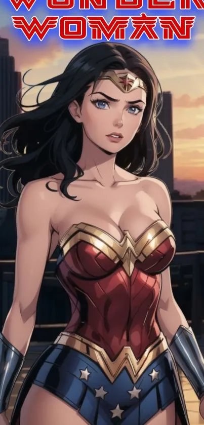 Wonder Woman standing against a sunset cityscape in vibrant colors.