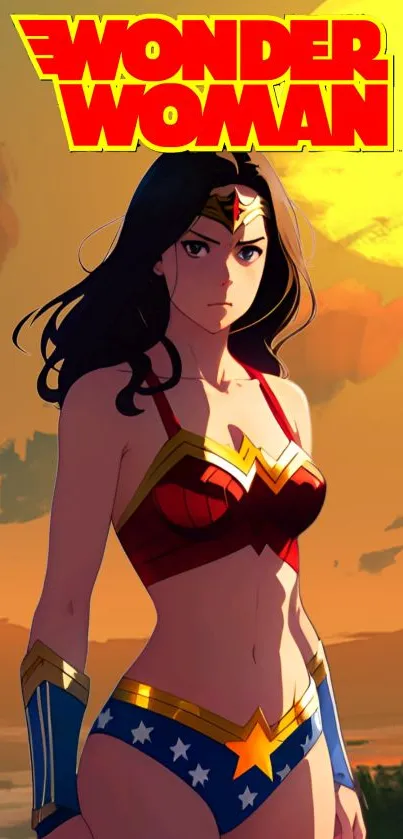 Wonder Woman standing against a vibrant sunset.