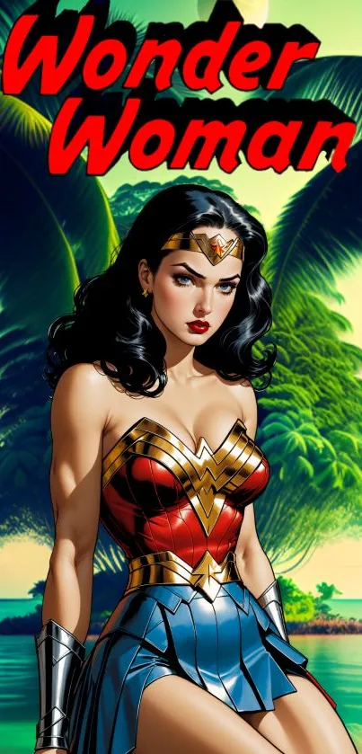 Wonder Woman in tropical setting with vibrant comic book style.