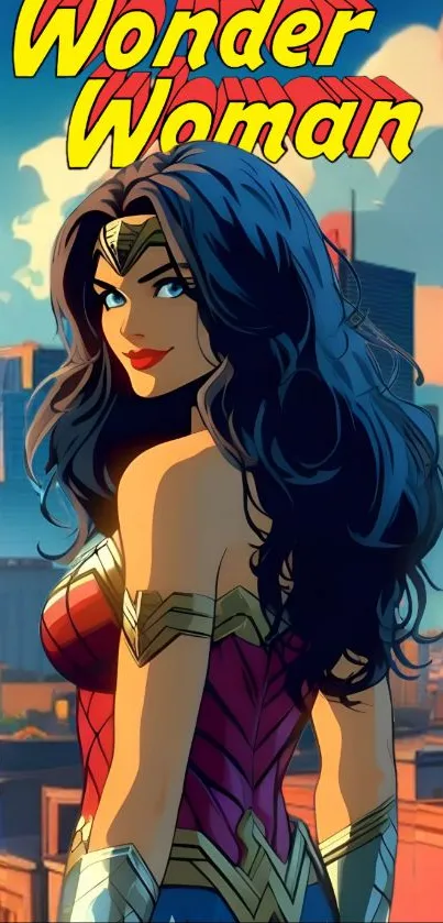 Wonder Woman in a vibrant comic art style with a cityscape background.