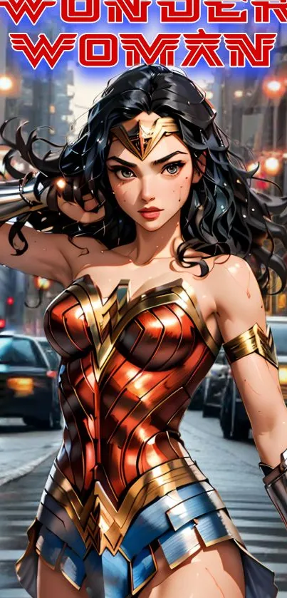 Wonder Woman in vibrant urban streets wallpaper.