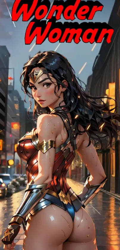 Wonder Woman urban wallpaper with vibrant colors and city background.