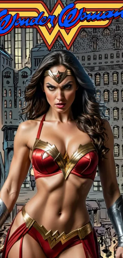 Vibrant Wonder Woman urban art wallpaper for mobile.