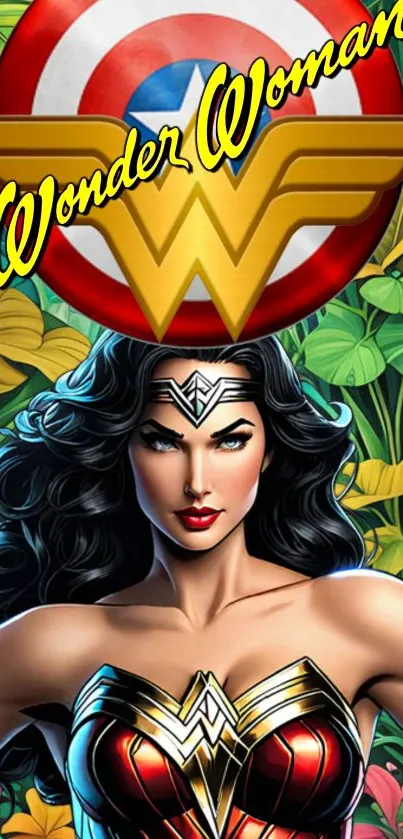 Dynamic Wonder Woman art with vibrant colors and superhero theme.