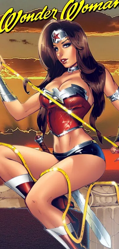 Colorful Wonder Woman art wallpaper for mobile screens.