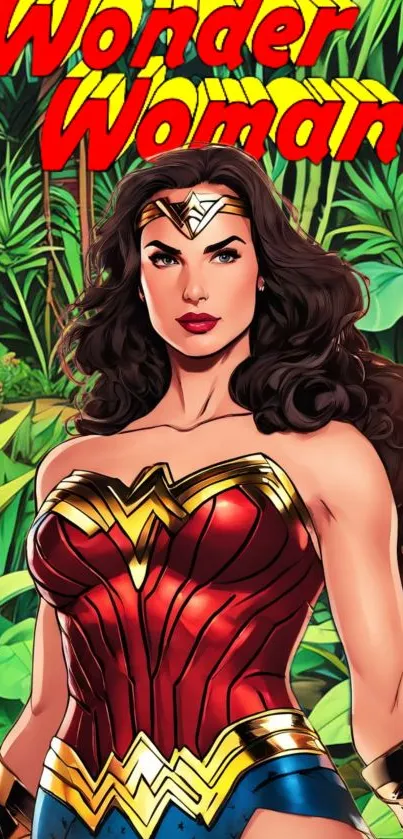 Wonder Woman in vibrant art with a lush green background.