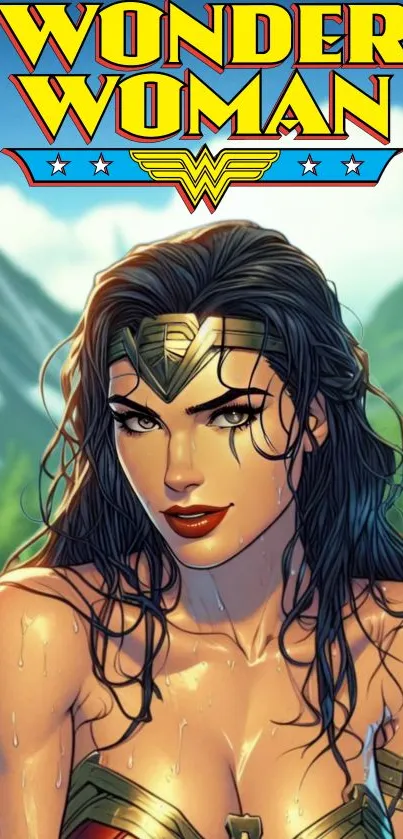 Wonder Woman comic art with scenic background.