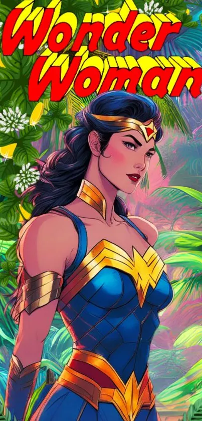 Vibrant Wonder Woman art with lush green and vivid colors.