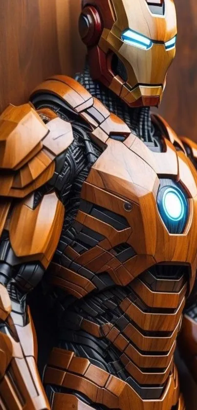 Wooden robot armor with glowing lights.