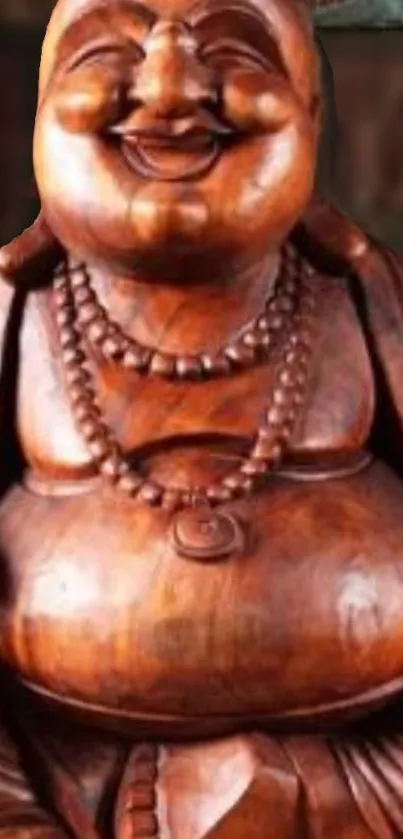 Richly carved wooden Buddha statue on phone wallpaper.