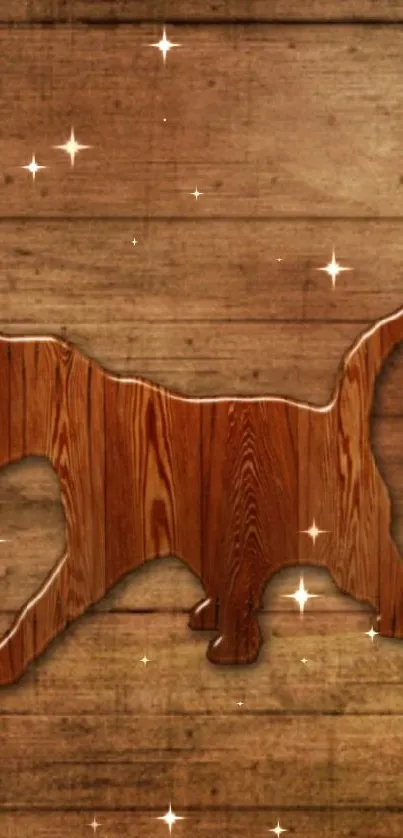 Wooden cat silhouette on brown wood background.