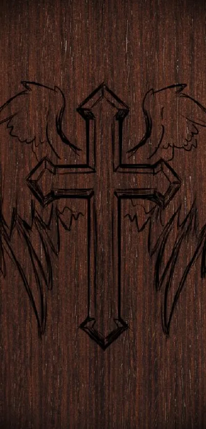 Wooden cross with wings on dark brown background wallpaper.