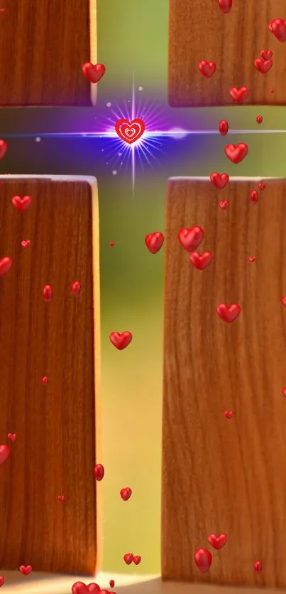 Wooden cross with glowing red hearts floating around it.