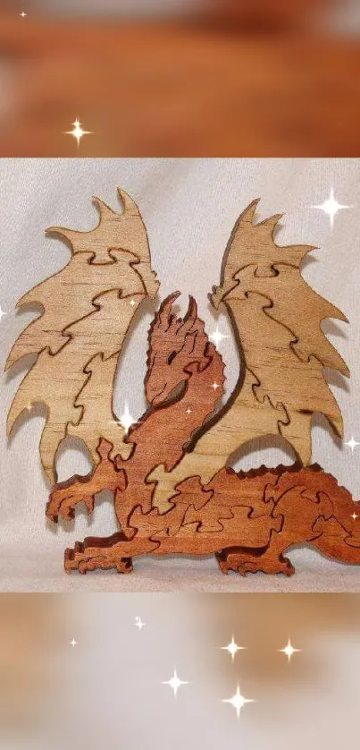 Wooden dragon puzzle art with starry effects.