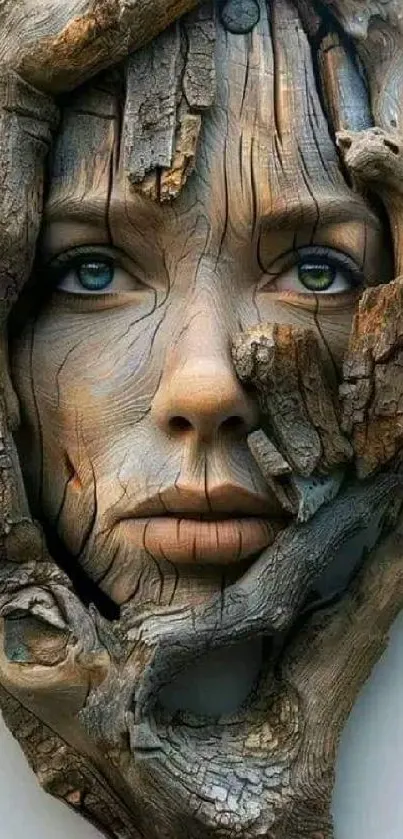 Realistic wooden face art wallpaper for mobile.