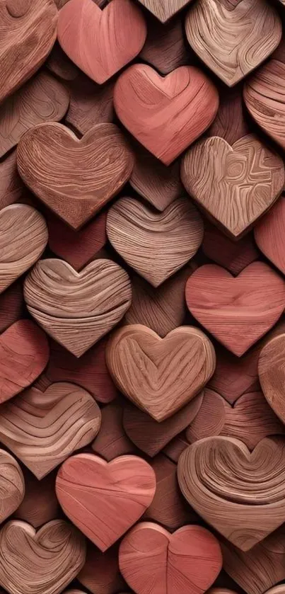 Pattern of wooden hearts in a rustic style for mobile wallpaper.