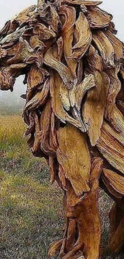 Wooden lion sculpture on grassy field wallpaper.