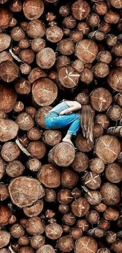 Person sitting among stacked wooden logs, creating an artistic, nature-themed wallpaper.