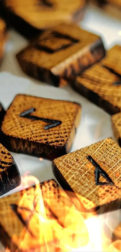 Wooden rune stones arranged with flame overlay.