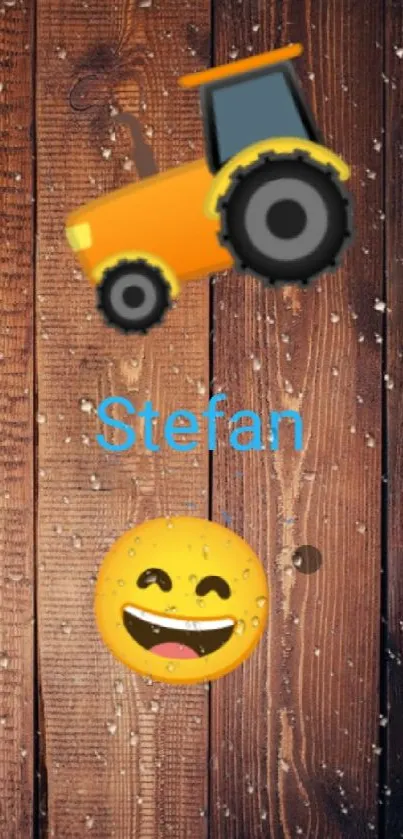 Wooden texture wallpaper with emojis and a tractor icon.