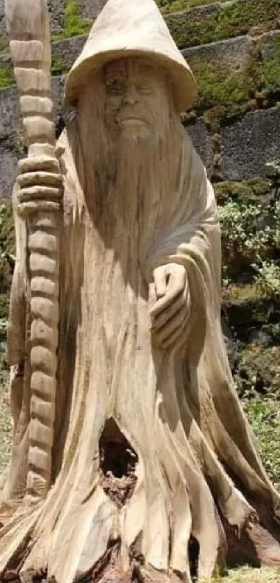 Wooden wizard sculpture in rustic setting.