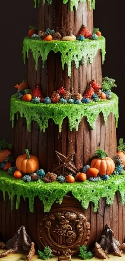 Woodland-themed cake with green foliage and autumn decorations.